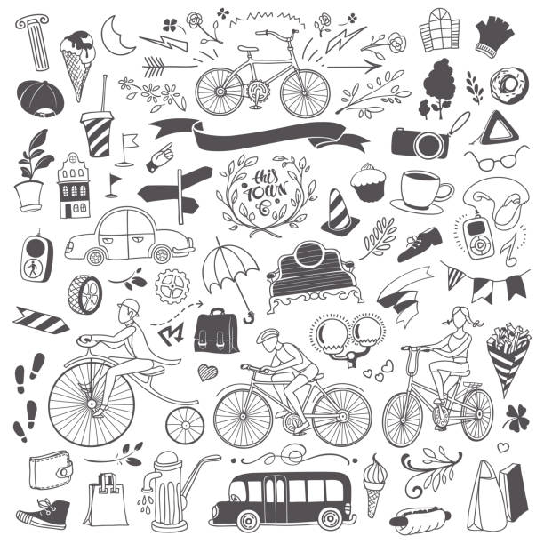 Modern Urban Life Illustration Set of vector handmade illustrations on a city walk and symbols of modern urban life. cycling bicycle pencil drawing cyclist stock illustrations