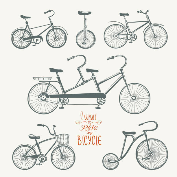 illustrations, cliparts, dessins animés et icônes de ensemble de vélos dessinés à la main - unicycling