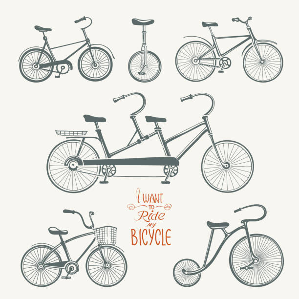 zestaw rowerów ciągnienych ręcznie - unicycling stock illustrations