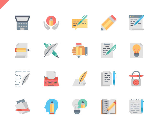 Simple Set Copywriting Flat Icons for Website and Mobile Apps. Simple Set Copywriting Flat Icons for Website and Mobile Apps. Contains such Icons as Pencil, Book, Hand, Typewriter. 48x48 Pixel Perfect. Vector illustration. pencil tip stock illustrations