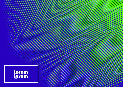 Horizontal abstract background with striped halftone pattern in neon colors. A wavy texture of gradient line ornament. Design template of flyer, banner, cover, poster in A4 size. Vector illustration.
