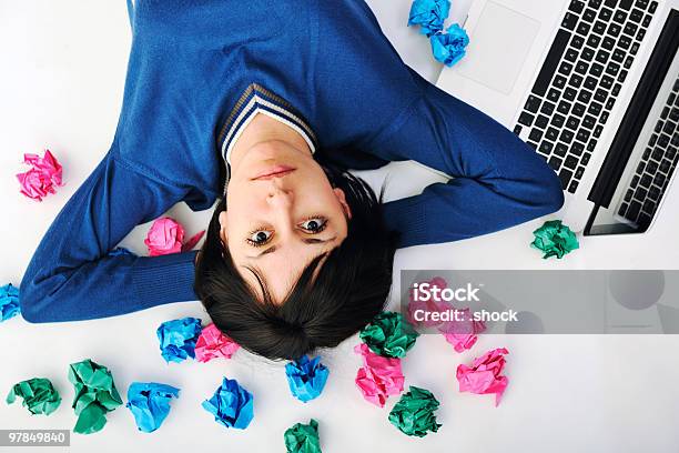 Young Woman Isolated On White With Colorful Papers Stock Photo - Download Image Now - Adult, Adults Only, Beautiful People