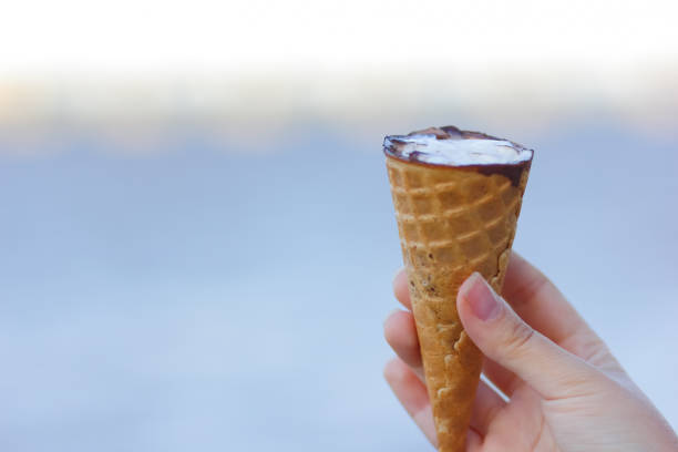 istock Ice cream cone, chocolate ice cream on blurred background, milk dessert on summer vacation, blank for designer, copy space, art 978499232