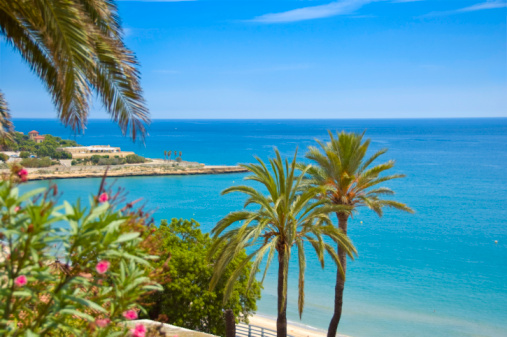 Beach, blue sea and palm trees in Salou city, Catalonia, Spain, Europe