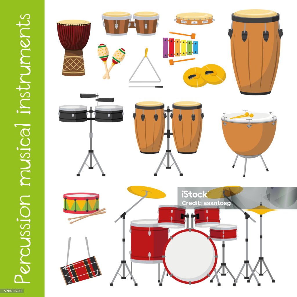 Vector illustration set of percussion musical instruments in cartoon style isolated on white background Drum - Percussion Instrument stock vector