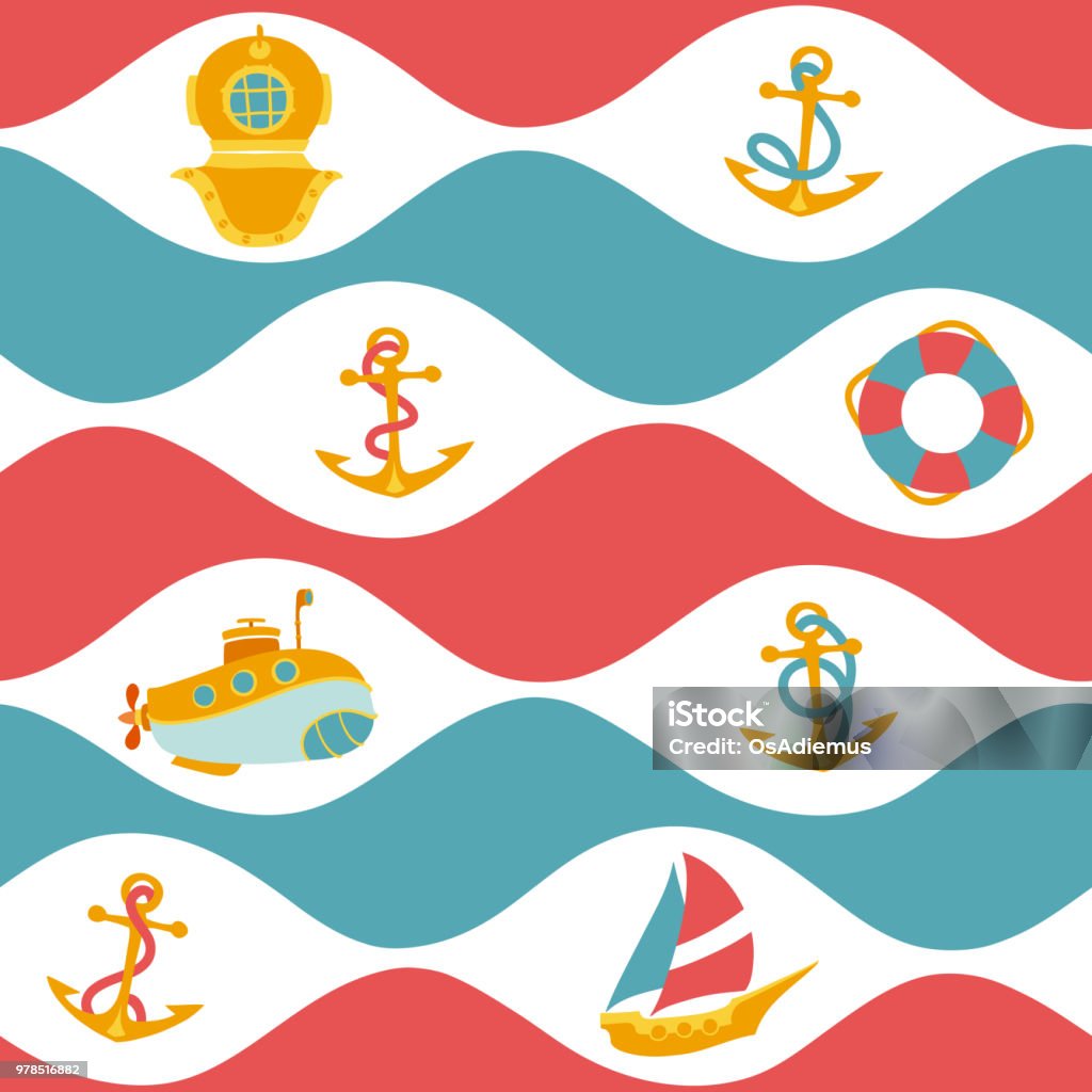 Nautical Cartoon Wave Pattern Seamless vector nautical pattern in retro style. Anchor - Vessel Part stock vector