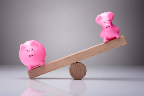 Unbalance Of Two Piggybanks On Wooden Seesaw Unbalance Of Two Piggybanks On Wooden Seesaw Against Gray Background unbalance stock pictures, royalty-free photos & images