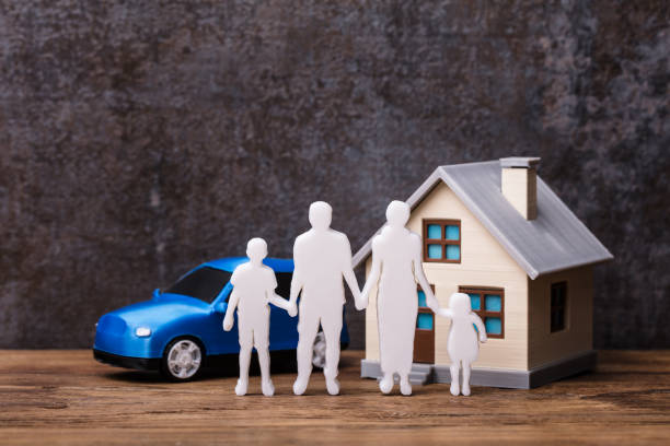 istock Human Figures Standing In Front Of House And Blue Car 978520582