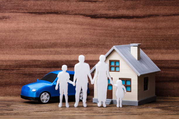 istock Human Figures Standing In Front Of House And Blue Car 978520598