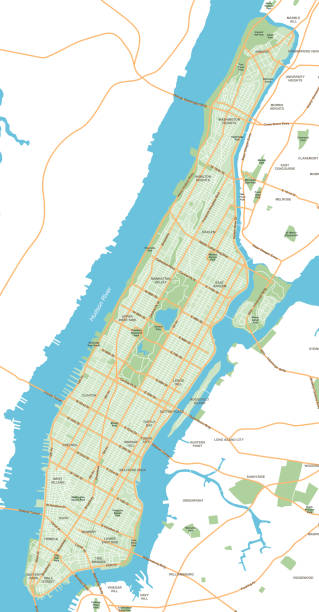 манхэттен - карта города нью-йорка - векторная иллюстрация - manhattan stock illustrations