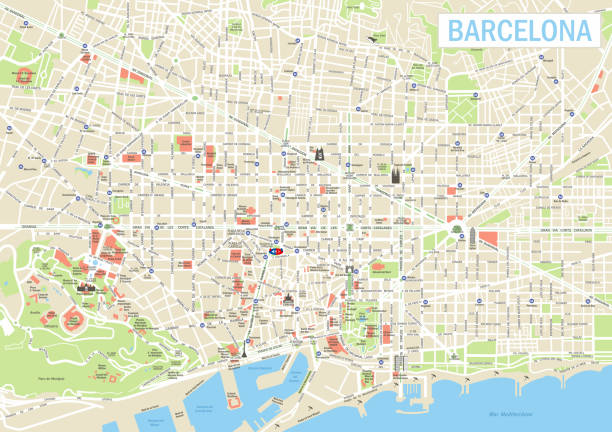 ilustraciones, imágenes clip art, dibujos animados e iconos de stock de mapa de barcelona - barcelona