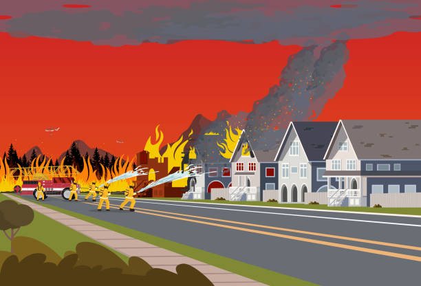 Firefighters Extinguish Town. Concept Forest Fire. Firefighters with Engine Fire Truck Extinguish Real Estate House in Town by Water and Helicopter. Concept of Natural Disaster by Forest Fire. wildfire smoke stock illustrations