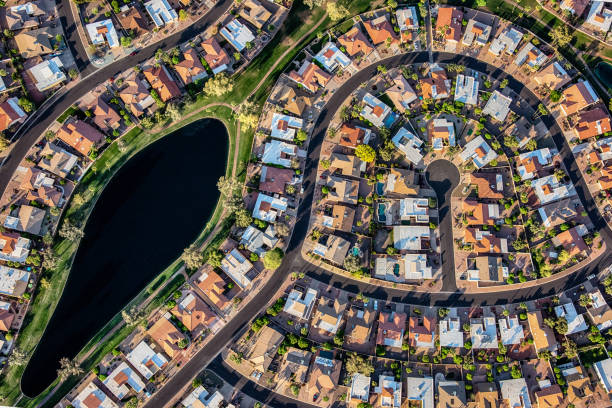 planned suburban housing development - land development aerial view planning imagens e fotografias de stock