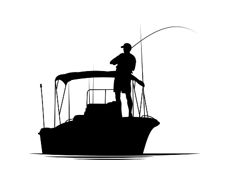 Fisherman with fishing rod in motor boat vector silhouette illustration.