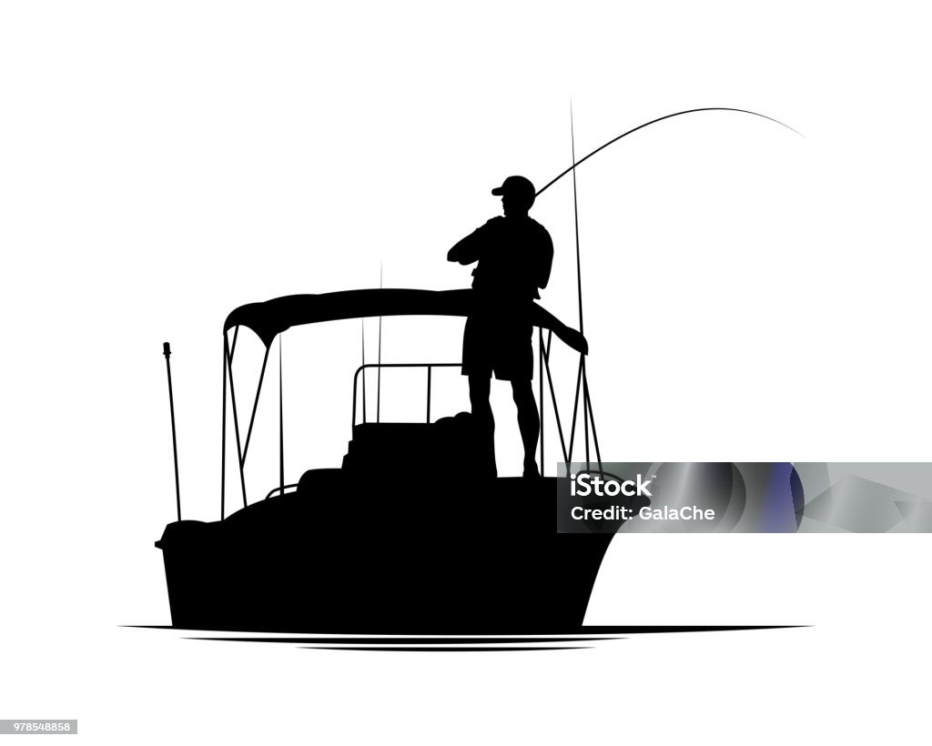 Fisherman in boat silhouette Fisherman with fishing rod in motor boat vector silhouette illustration. Fishing stock vector