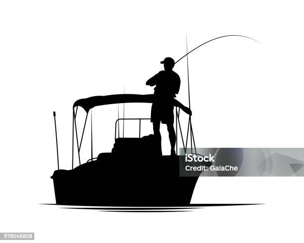 Fisherman In Boat Silhouette Stock Illustration - Download Image Now - Fishing, Nautical Vessel, Fisher - Role