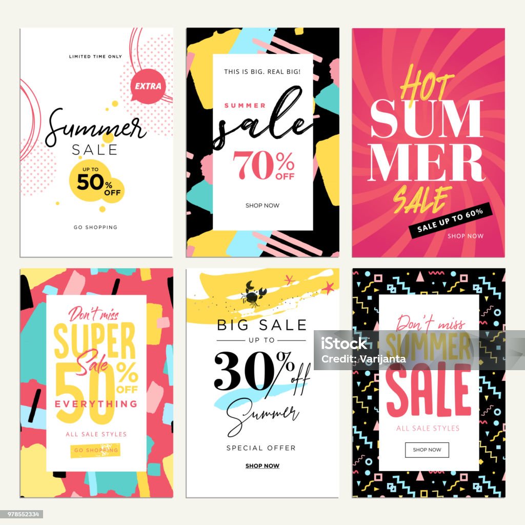 Eye catching summer sale mobile banners, ads and posters collection Vector illustrations concept for shopping, e-commerce, internet advertising, social media ads and banners, marketing material. Sale stock vector