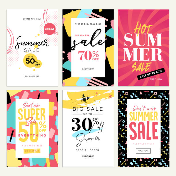 Eye catching summer sale mobile banners, ads and posters collection Vector illustrations concept for shopping, e-commerce, internet advertising, social media ads and banners, marketing material. holiday email templates stock illustrations