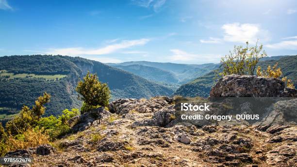 High Angle Natural Point Of View On Awesome Landscape Of Bugey Mountains In Ain Valley By Sunny Summer Day Stock Photo - Download Image Now