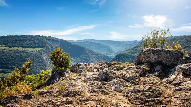 Photo of High angle natural point of view on awesome landscape of Bugey mountains in Ain valley by sunny summer day