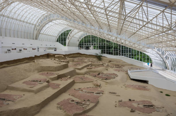 Lepenski Vir, Serbia - May 2, 2018: Mesolithic Archaeological site Lepen Whirl, between 9500/7200-6000 BC., visitor center under glass roof.