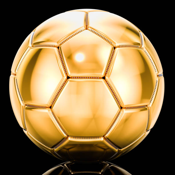 istock Golden soccer ball on black background. 3D rendering 978561954