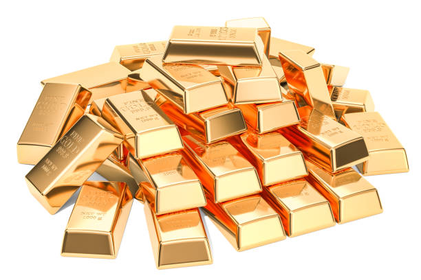 istock Heap of golden ingots closeup, 3D rendering isolated on white background 978562002