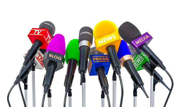 istock Press conference or interview concept. Microphones of different mass media, 3D rendering isolated on white background 978562142