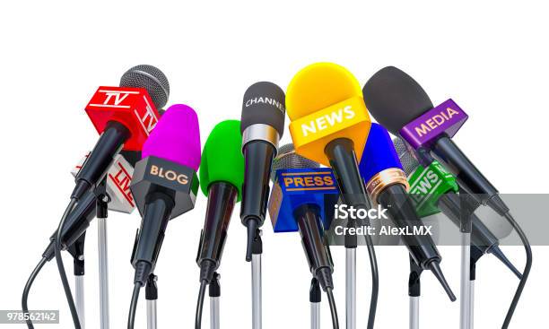 Press Conference Or Interview Concept Microphones Of Different Mass Media 3d Rendering Isolated On White Background Stock Photo - Download Image Now