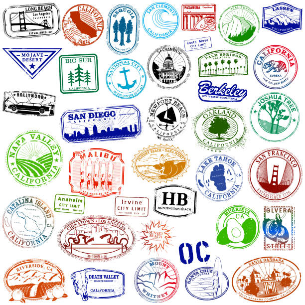 illustrations, cliparts, dessins animés et icônes de vintage de timbres de voyage en californie - mojave yucca