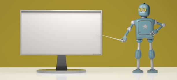 istock Retro robot with pointer stick on orange background. 3d illustration. Robot teacher standing in front of big monitor 978568142