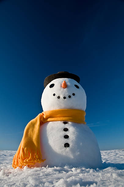 istock A snowman with a yellow scarf, black buttons, carrot nose 97857704