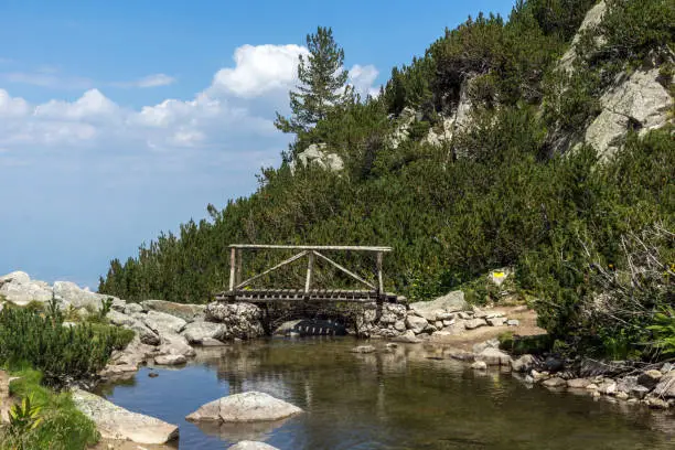 Amazing landscape with wooden bridge over Banderitsa River, Pirin Mountain, Bulgaria