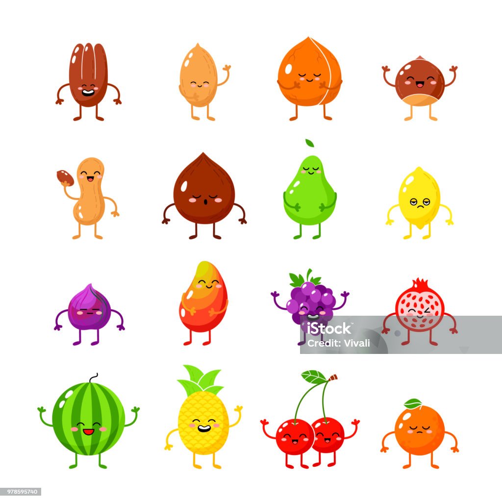 Fruits and nuts hero. Happy food, vegetarian friend food big collection. Nut, pineapple, cherry. Lemon icon Fruits and nuts hero. Fruits funny icon. Vegetarian character icon. Happy food, vegetarian friend food big collection. Nut, pineapple, cherry. Lemon icon. Cartoon stock vector