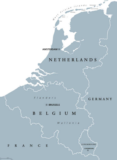 Benelux countries, gray political map Benelux countries, gray colored political map. Belgium, Netherlands and Luxembourg. Benelux Union, a geographic, economic and cultural group. English labeling. Illustration on white background. Vector netherlands stock illustrations