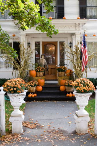 A photo of a house decorated for Halloween