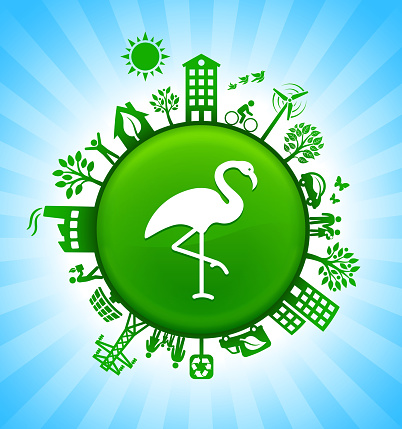 Flamingo Environment Green Button Background on Blue Sky. The main icon is placed on a round green shiny button in the center of the illustration. Environmental green living lifestyle icons go around the circumference of the button. Green building, man on a bicycle, trees, wind turbine, alternative energy and other environmental conservation symbols complete this illustration. The background has a blue glow effect.
