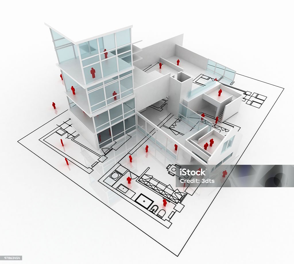 建築家での作業: ホーム建設（絶縁にホワイト） - 3Dのロイヤリティフリーストックフォト