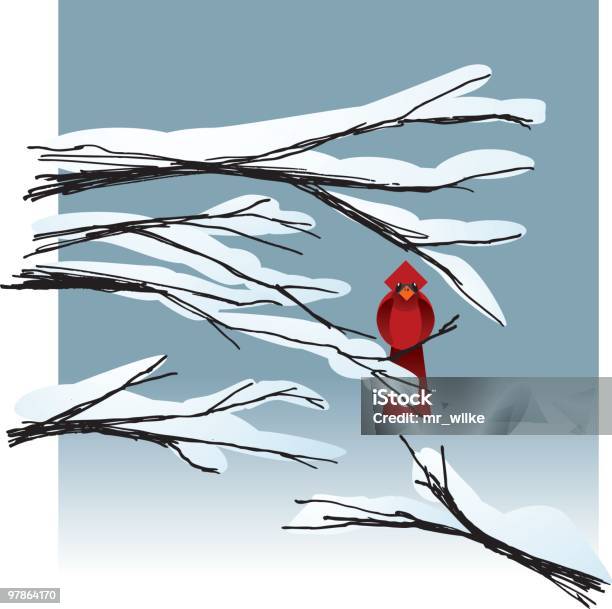 Cardinale Su Un Ramoscello Nella Neve - Immagini vettoriali stock e altre immagini di Cardinale - Uccello - Cardinale - Uccello, Freddo, Illustrazione