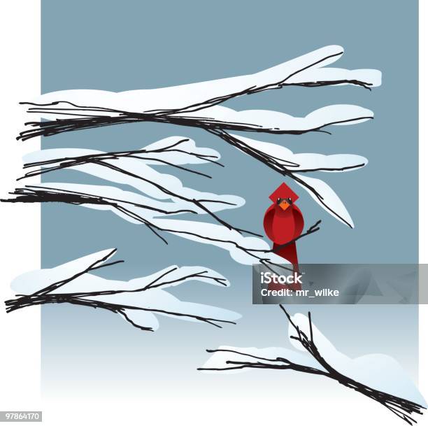 Кардинал На Белоснежного Branch — стоковая векторная графика и другие изображения на тему Птица кардинал - Птица кардинал, Векторная графика, Ветвь - часть растения