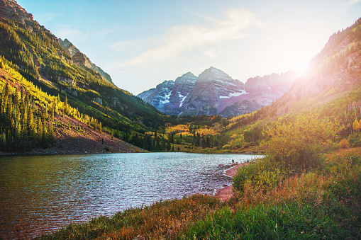 Maroon Bells peaks and Lake at Sunset, Colorado, USA