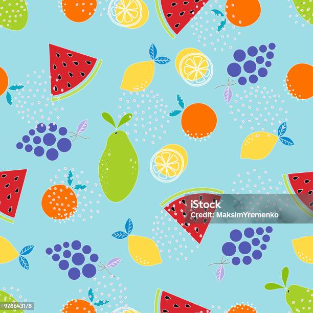 Fruit Pattern On Blue Stock Illustration - Download Image Now - Fruit, Pattern, Abstract