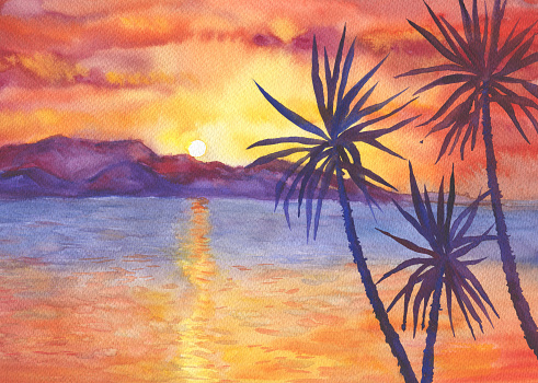 Abstract landscape with palms on the beach ocean at sunset. View of silhouettes hills, cloudy sky. Watercolor hand drawn painting illustration.