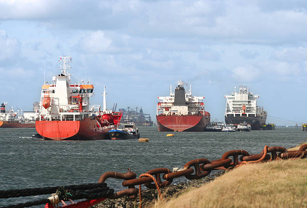 navi nel porto di rotterdam - nieuwe waterweg foto e immagini stock