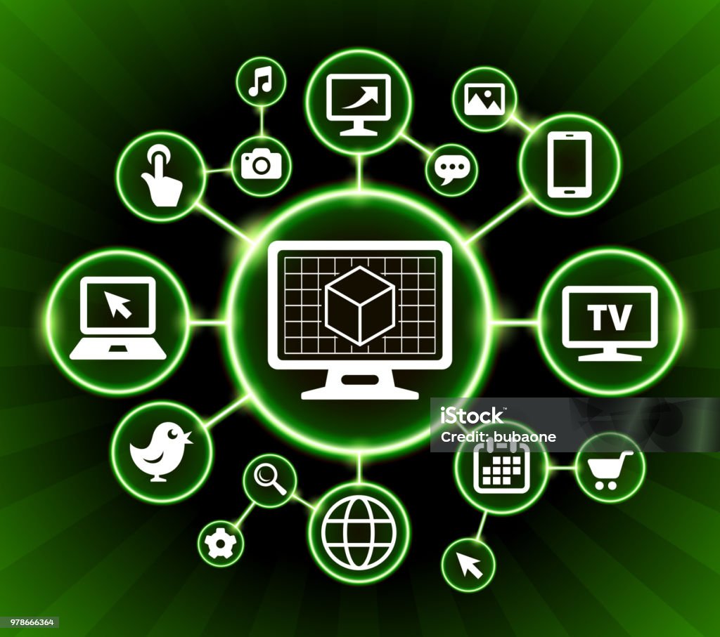 3D Cube on Desktop Screen Internet Communication Technology Dark Buttons Background 3D Cube on Desktop Screen Internet Communication Technology Dark Buttons Background. The main icon depicted in this 100% royalty free vector illustration is placed inside a black circle with a glowing bright green outline. It is surrounded by a group of smaller circles with technology, internet and media icons in each of the circles. The background is dark and has a green starburst glow effect. The icons are white in color. Architecture stock vector