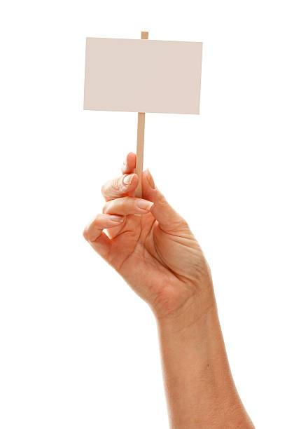 mujer sosteniendo en blanco signo aislado en blanco - blank sign post fotografías e imágenes de stock