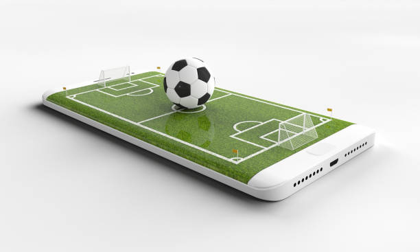 mobile soccer. terrain de football sur l’écran du smartphone et la boule. concept de vente de billets en ligne. rendu 3d - soccer soccer field grass american football photos et images de collection