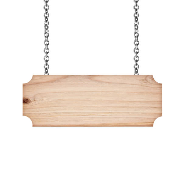 istock Wooden sign hanging on a chain isolated on white background 978693524