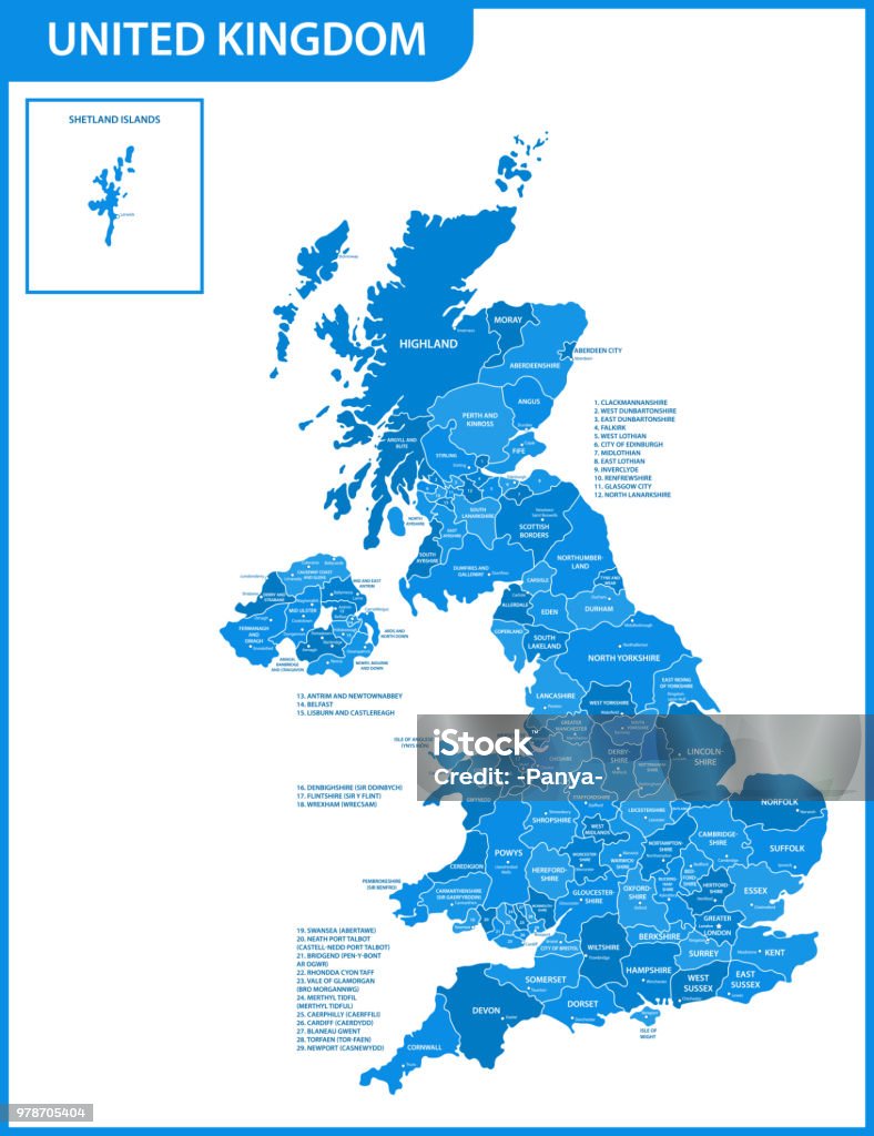 El mapa detallado de España con regiones o Estados, ciudades y capitales. Real actual relevante Reino Unido, división administrativa de Gran Bretaña. - arte vectorial de Mapa libre de derechos