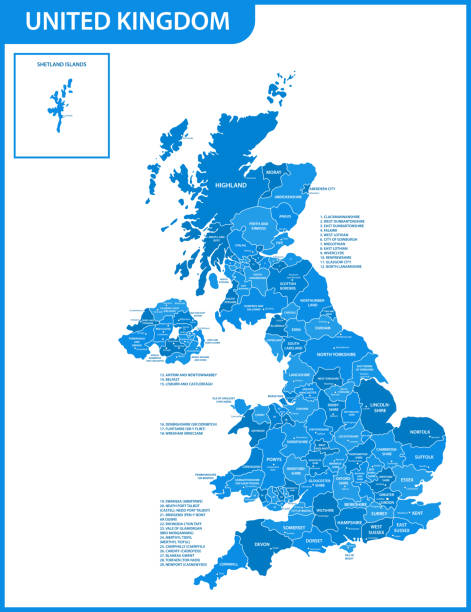 ilustrações, clipart, desenhos animados e ícones de o mapa detalhado de portugal com as regiões ou estados e cidades, capitais. real atual uk relevante, divisão administrativa de grã-bretanha. - uk map regions england